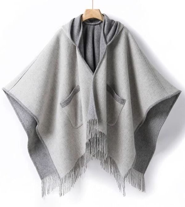 Women's New Pure Wool Reversible Cape Shawl Wrap Jacket Poncho Hood - Image 8