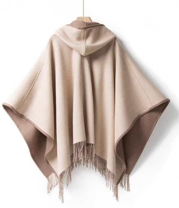 Women's New Pure Wool Reversible Cape Shawl Wrap Jacket Poncho Hood - Image 5