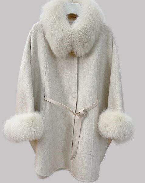 Women's Taupe Beige Cashmere Wool Cape Cloak Jacket with Fox Fur - Image 4