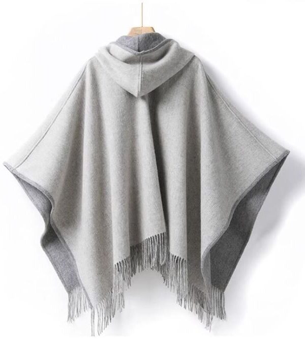 Women's New Pure Wool Reversible Cape Shawl Wrap Jacket Poncho Hood - Image 9