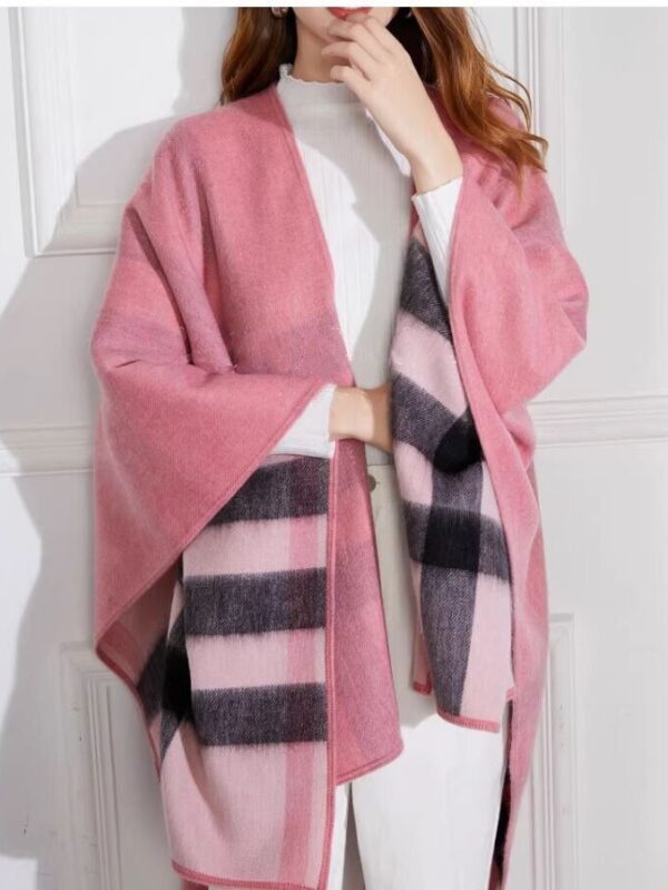Women's Brand New Cashmere Wool Wrap Cape Shawl Pink Gray Plaid Reversible - Image 3