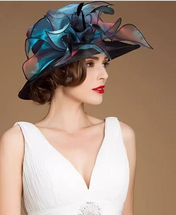 Women's Organza Hat Wedding Black Blue - Image 4