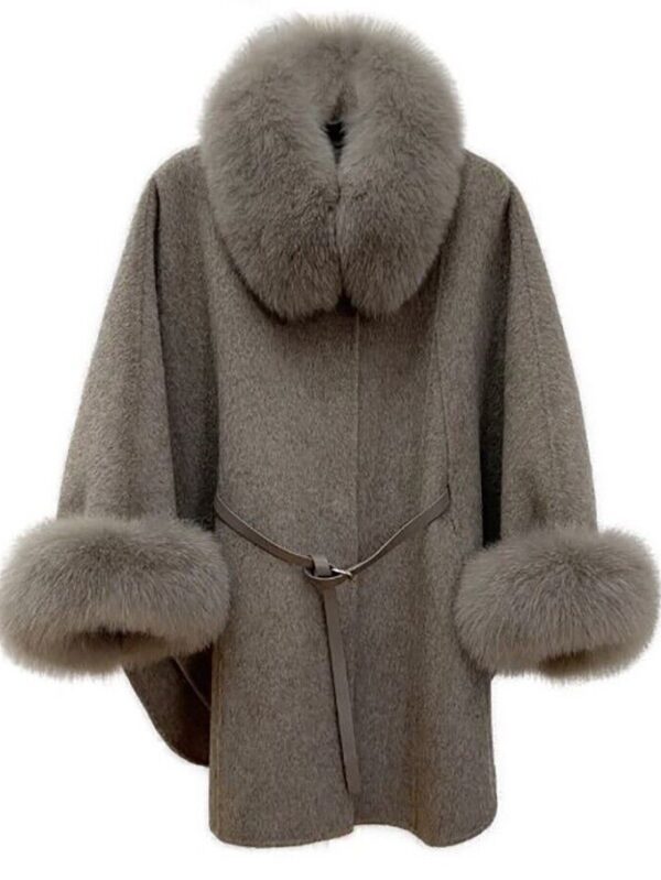 Women's Brand New Cream Cashmere Wool Cape Cloak Jacket with Fox Fur - Image 8