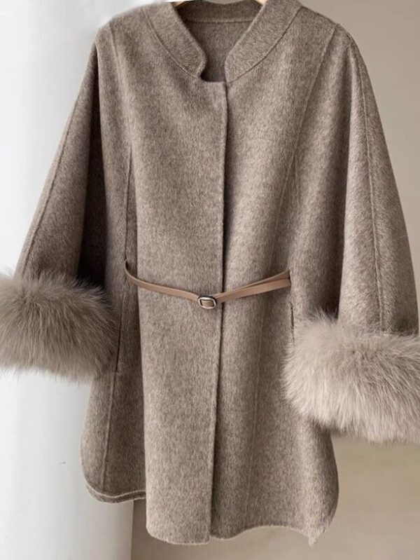 Women's Oatmeal Cashmere Wool Cape Cloak Jacket with Fox Fur - Image 4