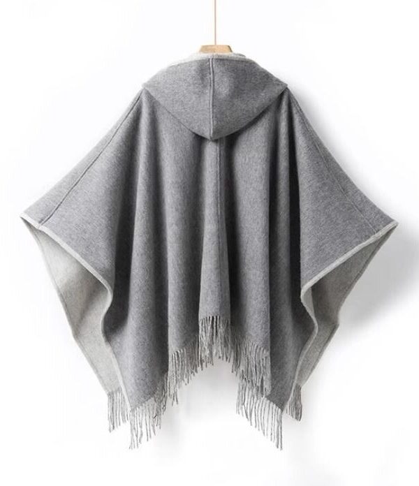 Women's New Pure Wool Reversible Cape Shawl Wrap Jacket Poncho Hood - Image 7