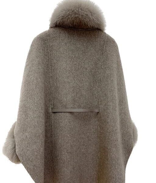 Women's Taupe Beige Cashmere Wool Cape Cloak Jacket with Fox Fur - Image 3