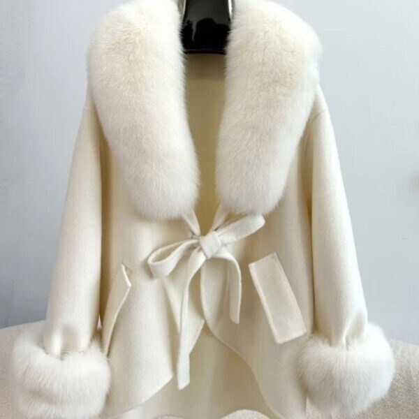 Women's Peach Pink Cashmere Wool Cape Cloak Jacket with Fox Fur - Image 6