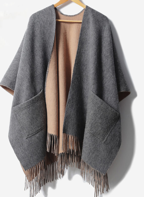 Women's 100% Wool Poncho Cape Shawl Wrap Gray Camel Sale - Image 8