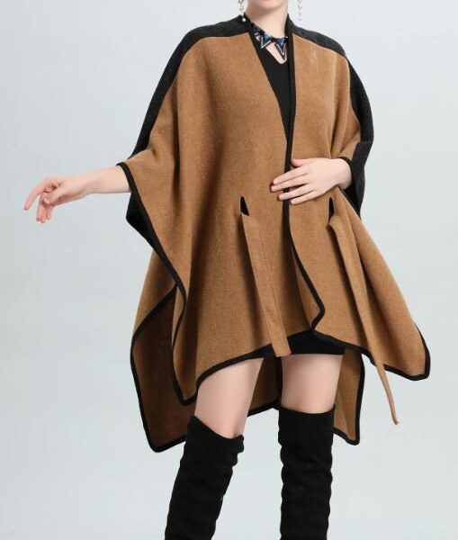 Caramel Black Wool Blend Cape Shawl Wrap Poncho Women's - Image 3