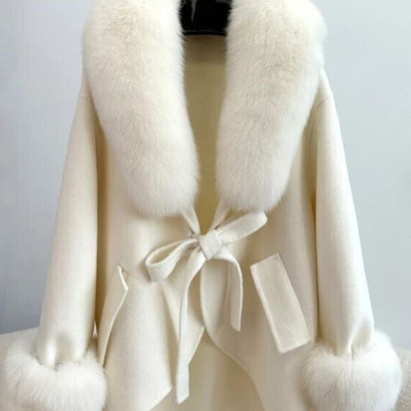 Women's Brand New Cream Cashmere Wool Cape Cloak Jacket with Fox Fur - Image 2