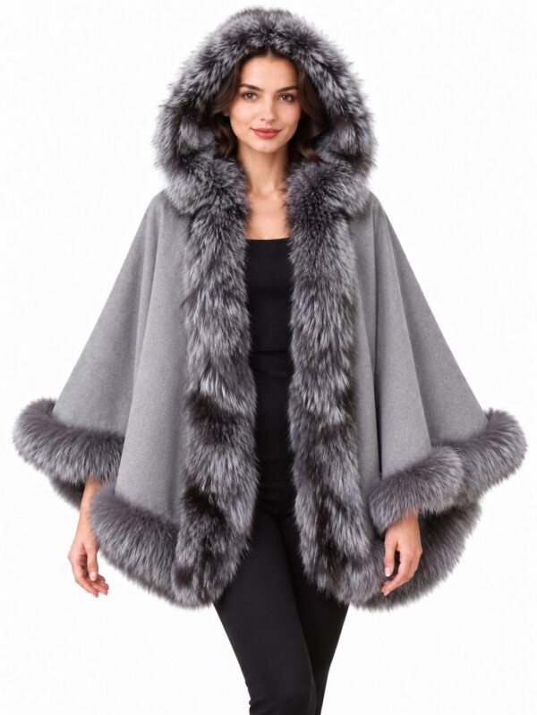 Women's Gray Cashmere Wool Wrap Cape Silver Fox Fur HOOD