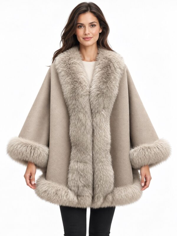 Women's Oatmeal Beige Cashmere Wool Wrap Cape Fox Fur
