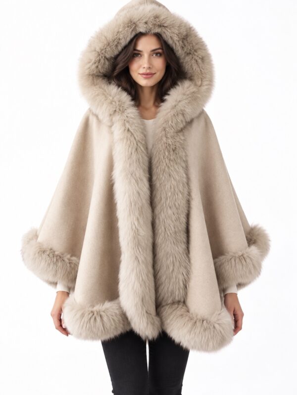 Women's Oatmeal Beige Cashmere Wool Wrap Cape with Fox Fur with HOOD