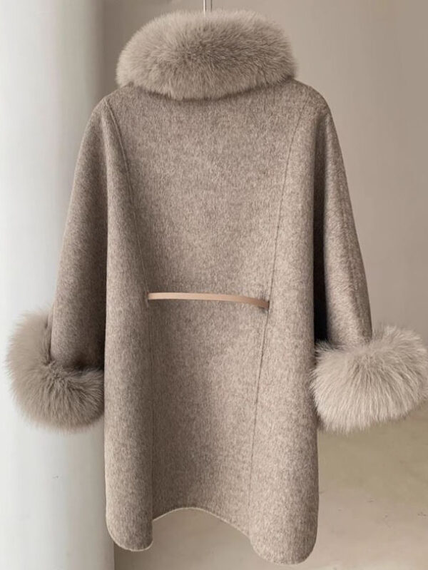 Women's Brand New Oatmeal Cashmere Wool Cape Cloak Jacket with Fox Fur - Image 3