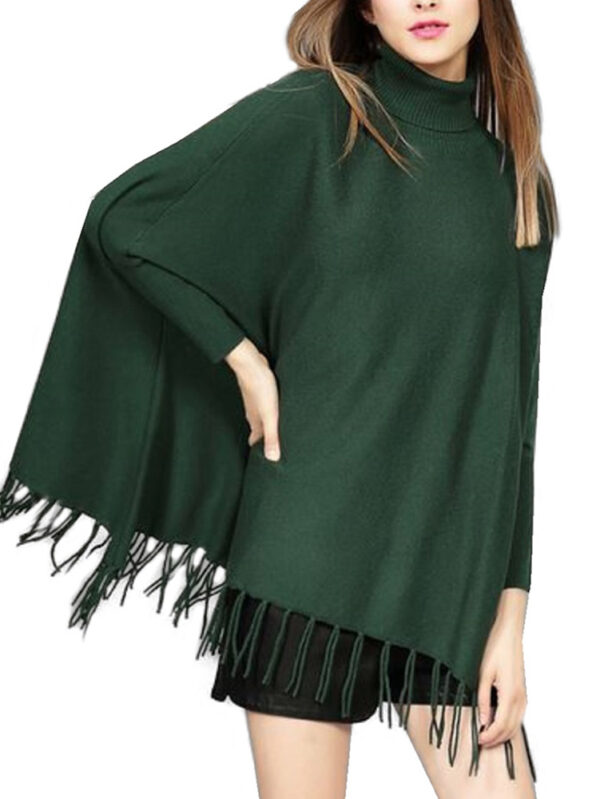 Women's Green 100% Wool Sweater Poncho with Sleeves - Image 3