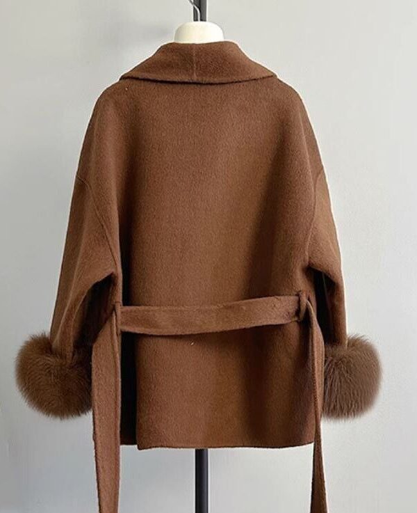 Women's Brown Wool Blend Jacket with Fox Fur - Image 4