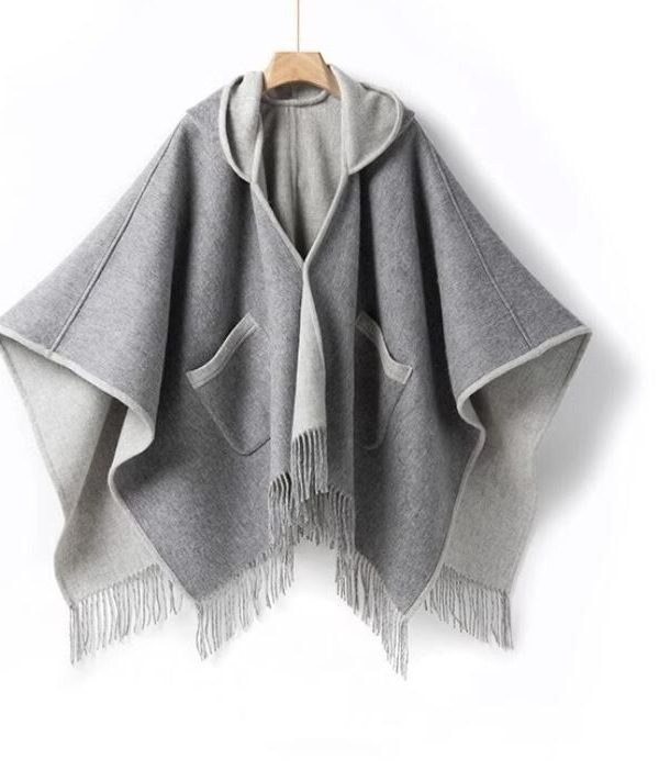 Women's New Pure Wool Reversible Cape Shawl Wrap Jacket Poncho Hood - Image 6