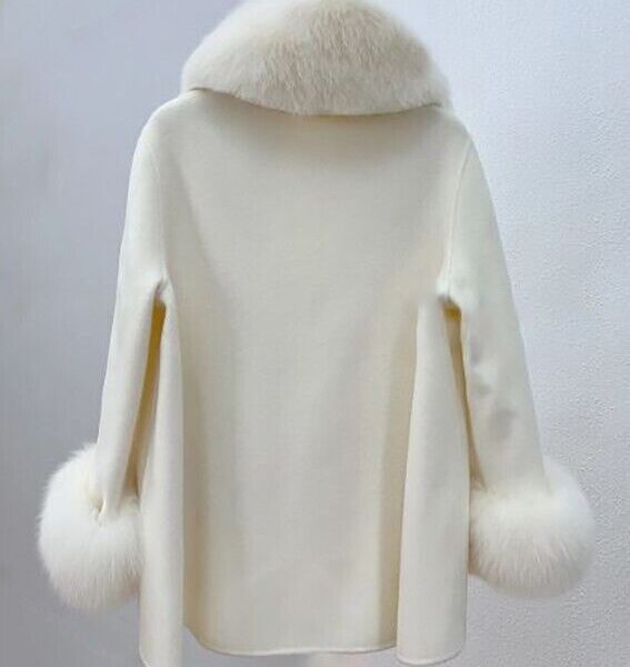 Women's Brand New Cream Cashmere Wool Cape Cloak Jacket with Fox Fur - Image 3