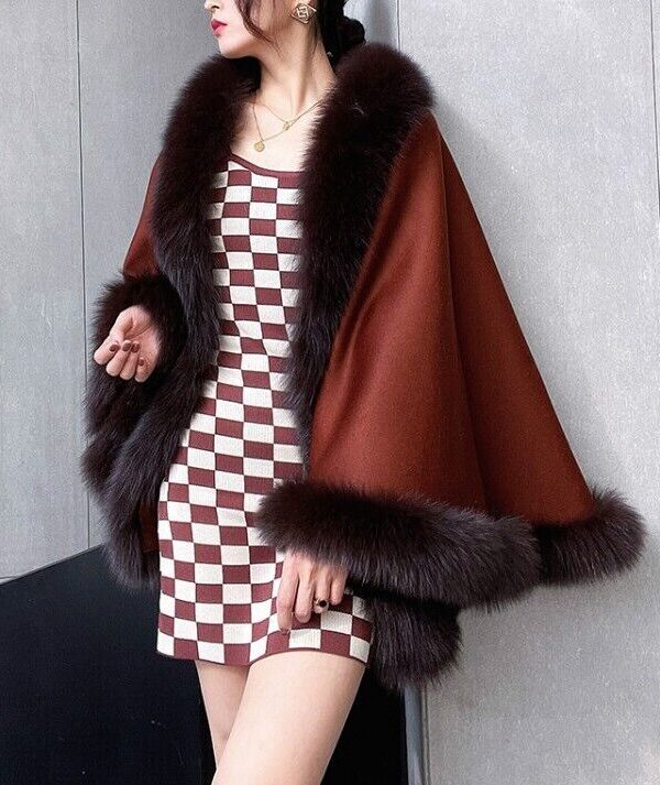 Women's Cinnamon Brown Cashmere Wool Wrap Cape Fox Fur - Image 3