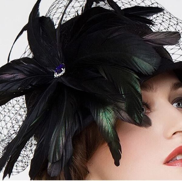 Women's Gorgeous Black Wool Hat Wedding Feathers Rhinestones Tulle - Image 3