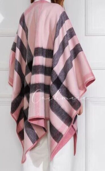 Women's Brand New Cashmere Wool Wrap Cape Shawl Pink Gray Plaid Reversible - Image 4