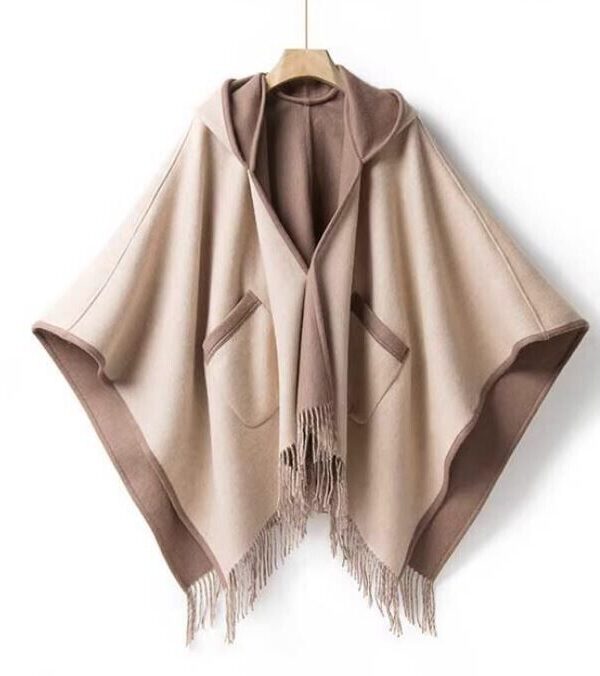 Women's New Pure Wool Reversible Cape Shawl Wrap Jacket Poncho Hood - Image 4