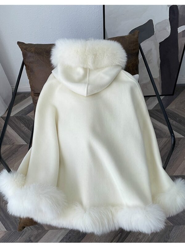 Women's  Ivory Cashmere Wool Wrap Cape with White Fox Fur & Hood - Image 4