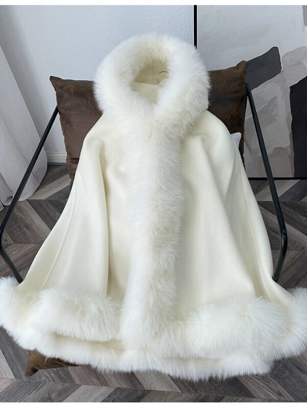 Women's  Ivory Cashmere Wool Wrap Cape with White Fox Fur & Hood - Image 3