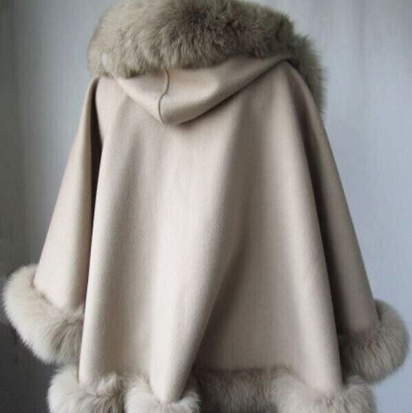 Women's Oatmeal Beige Cashmere Wool Wrap Cape with Fox Fur with HOOD - Image 3