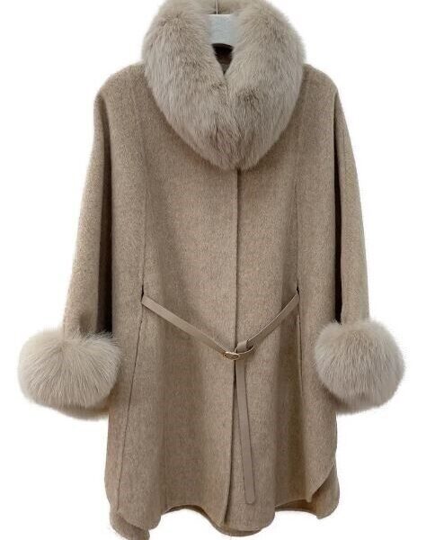 Women's Taupe Beige Cashmere Wool Cape Cloak Jacket with Fox Fur - Image 6
