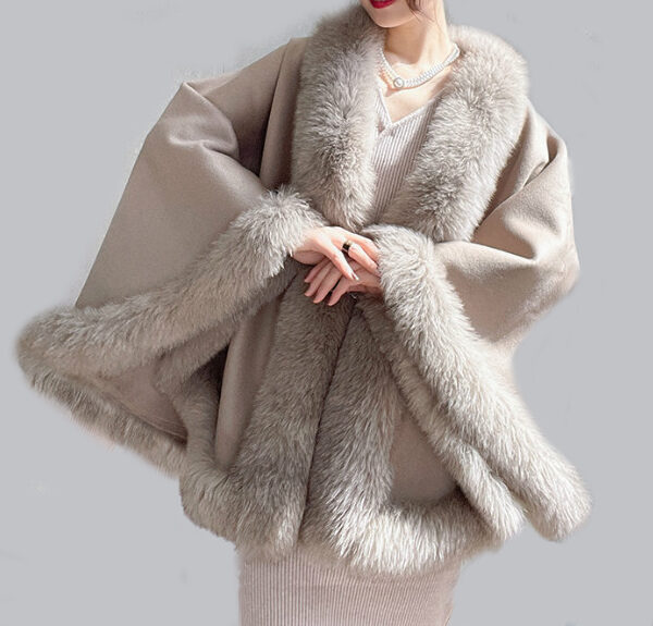 Women's Oatmeal Beige Cashmere Wool Wrap Cape with Fox Fur - Image 2