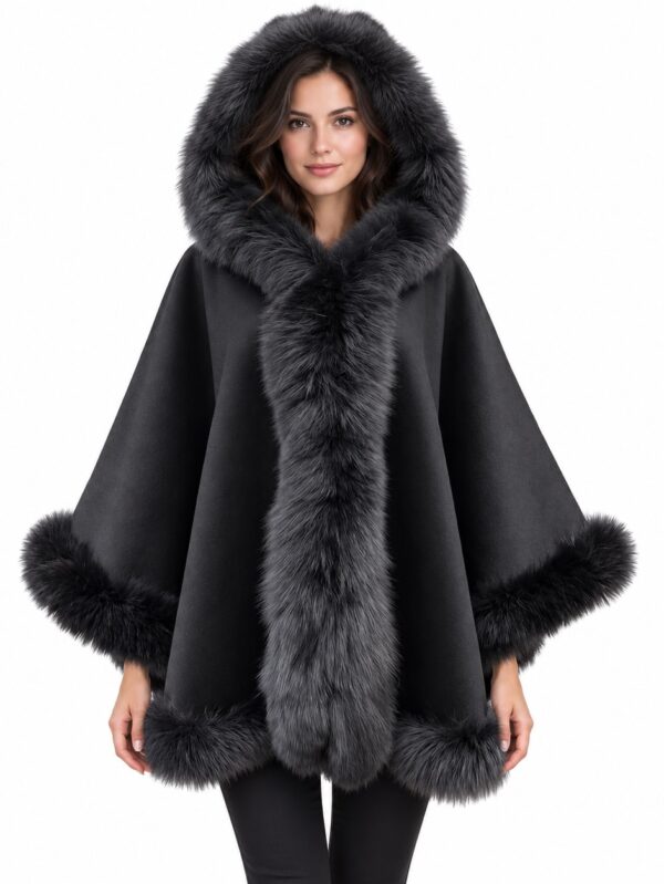 Women's Black Cashmere Wool Wrap Cape with Hood and Fox Fur Trim | MF2609_1H