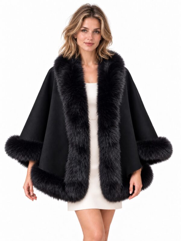Women's Black Cashmere Wool Wrap Cape Fox Fur Trim | MF2609_1