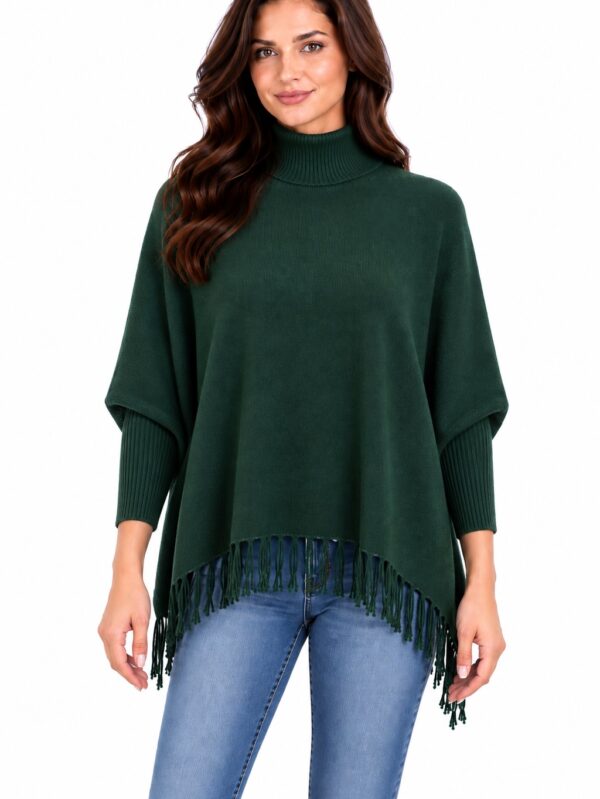 Women's Green 100% Wool Sweater Poncho with Sleeves