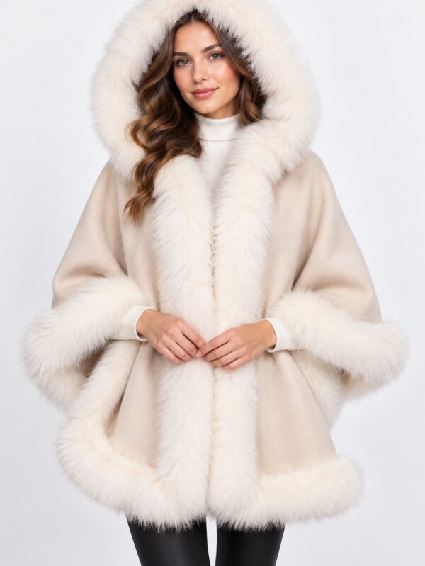 Women's Cream Blush Cashmere Wool Wrap Cape with White Fox Fur and Hood | MF2609_2H