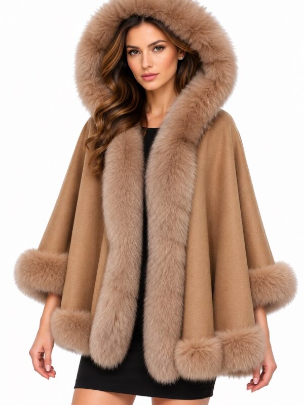 Women's Caramel Cashmere Wool Wrap Cape Fox Fur HOOD | MF2609_6H