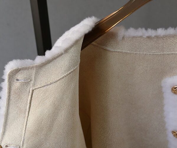 Women's 100% Wool Sheepskin White Black Jacket Coat - Image 5