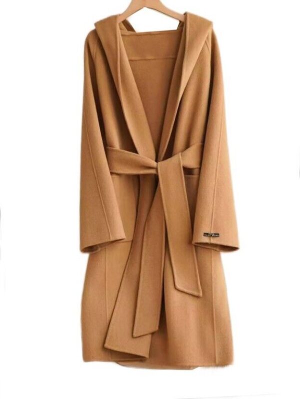 Women's Caramel Cashmere Wool Coat with Hood Oversize Look - Image 4
