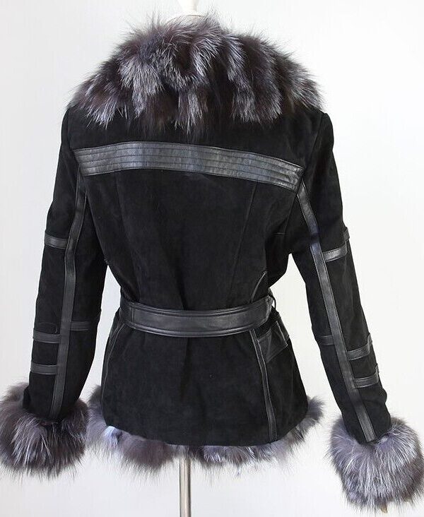 Women's Black Suede Leather Silver Fox Fur Jacket Coat - Image 5
