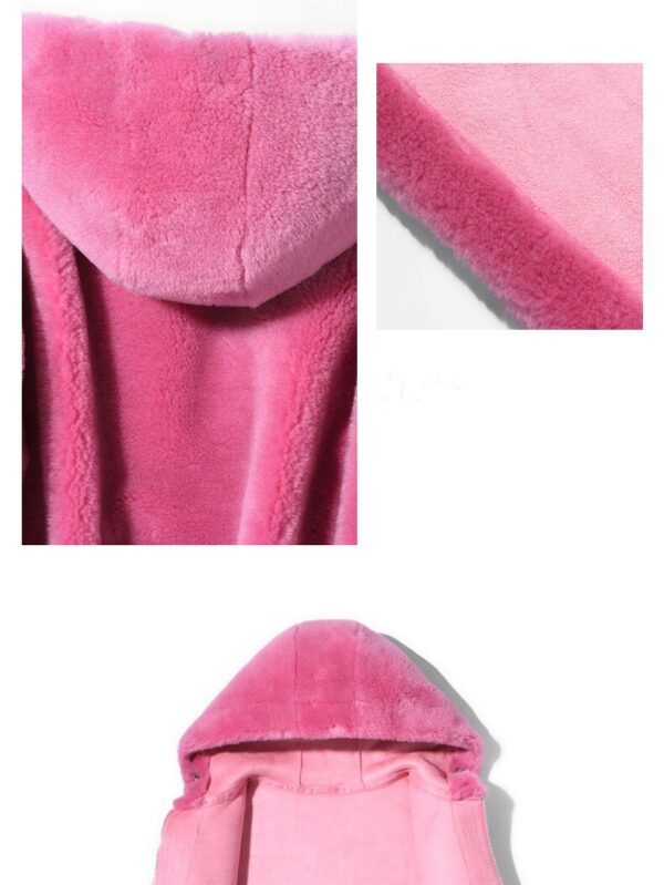 Women's 100% Wool Sheepskin Blush Pink Bomber Jacket Coat With Hood - Image 6