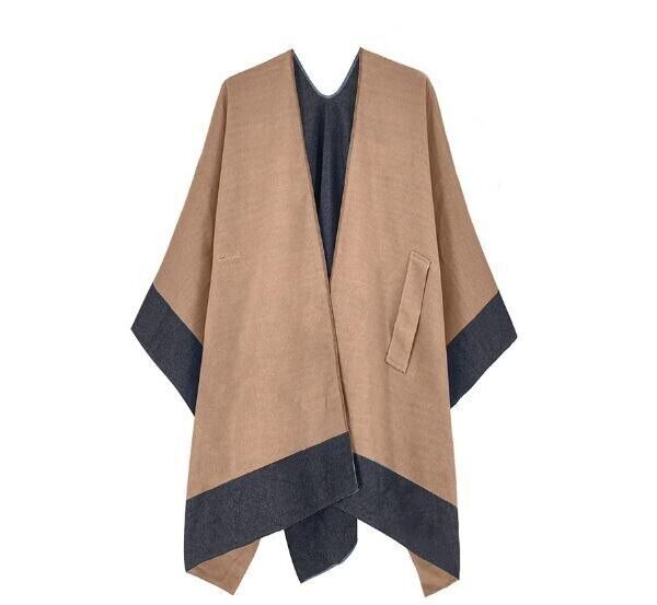 Women's New Wool Blend Cape Shawl Wrap Grey Camel Reversible - Image 4