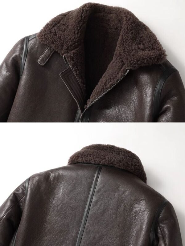 Men's Brown Leather Shearling Jacket Coat Sheepskin Fur Lining - Image 4