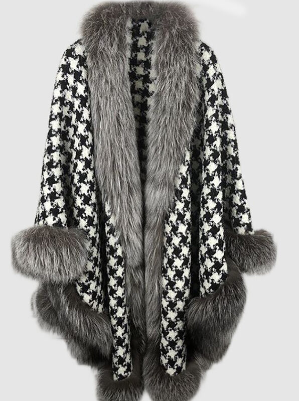 Women's Wool Tweed Fur Wrap Cape with Silver Fox Fur Trims