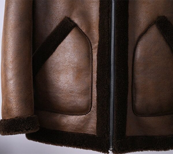 Men's 100% Wool Brown Sheepskin Lamb Coat Jacket Parka with Hood REVERSIBLE - Image 4