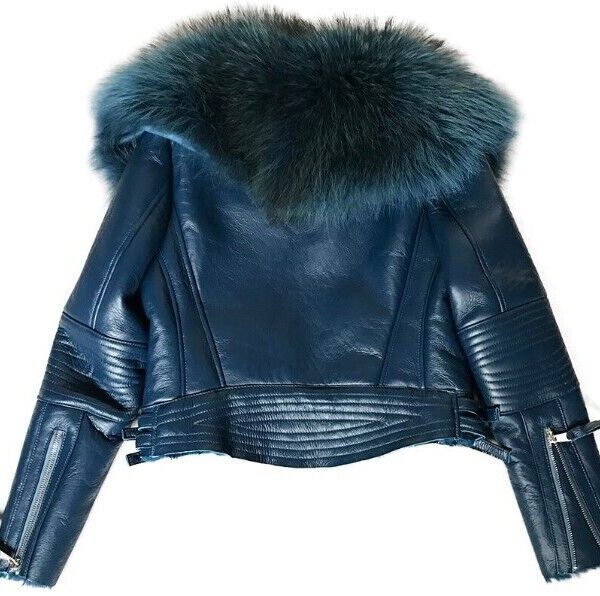 Women's Denim Blue Shearling Sheepskin Lamb Fox Fur Jacket Coat - Image 5