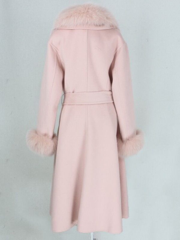 Women's Pink Cashmere Wool Blend Coat with Fox Fur - Image 4