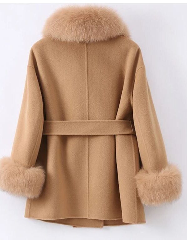Women's Tan Beige Wool Blend Jacket Coat Fox Fur - Image 6
