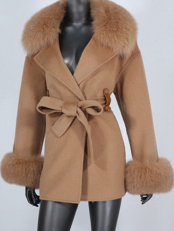 Women's Caramel Cashmere Wool Blend Jacket Coat Fox Fur - Image 2