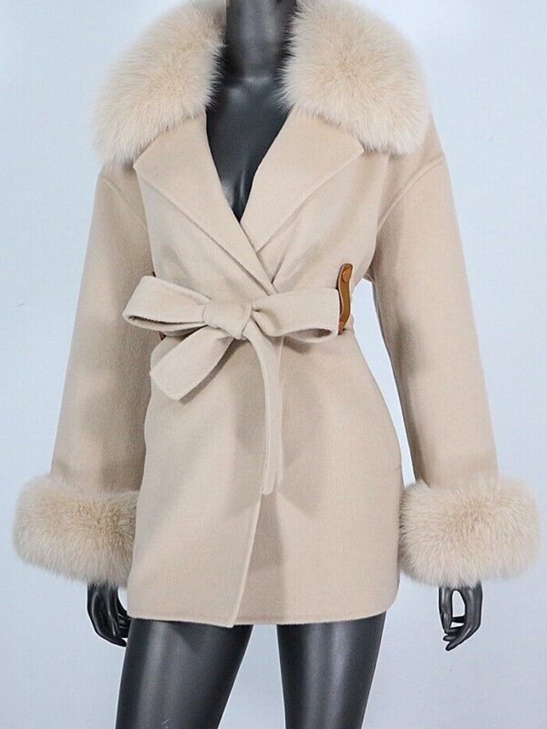 Women's Caramel Cashmere Wool Blend Jacket Coat Fox Fur - Image 8