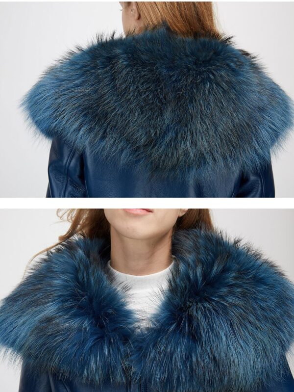Women's Denim Blue Shearling Sheepskin Lamb Fox Fur Jacket Coat - Image 6